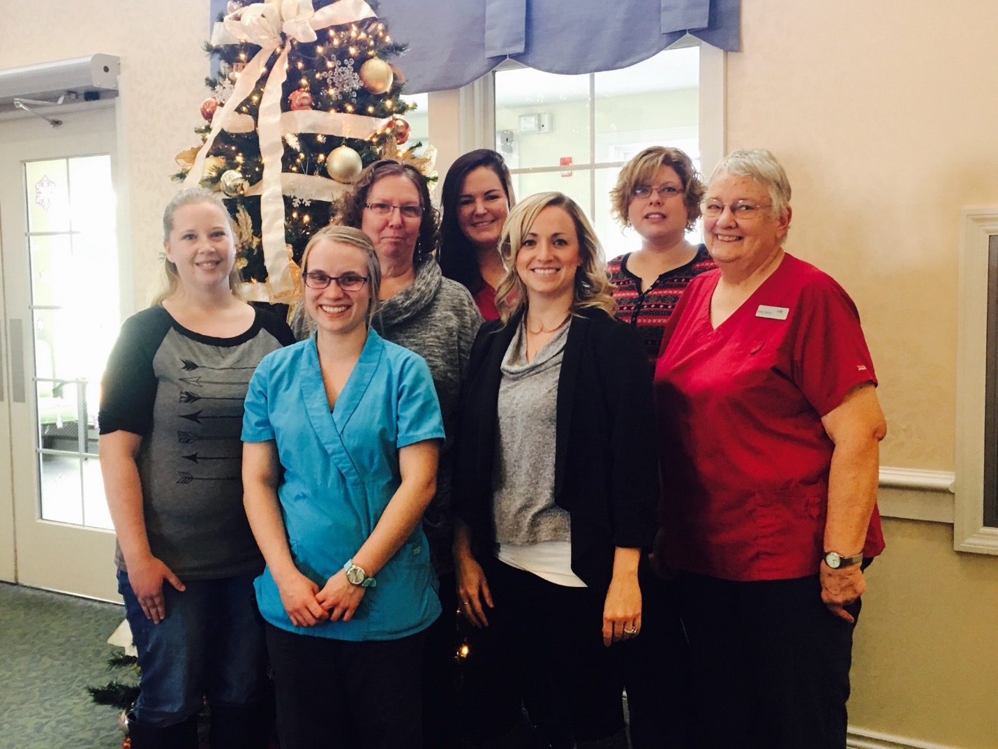 Picture left to right: Certified Medication Aide, Megin Lang; Certified Medication Aide, Alissa Koski; Director of Nursing, Leann Hintz, Certified Medication Aide, Haley Tschetter, Administrator, Lindsey Sainsbury, Certified Medication Aide, Deanna Mickelson; and Cook, Lil Odell. 